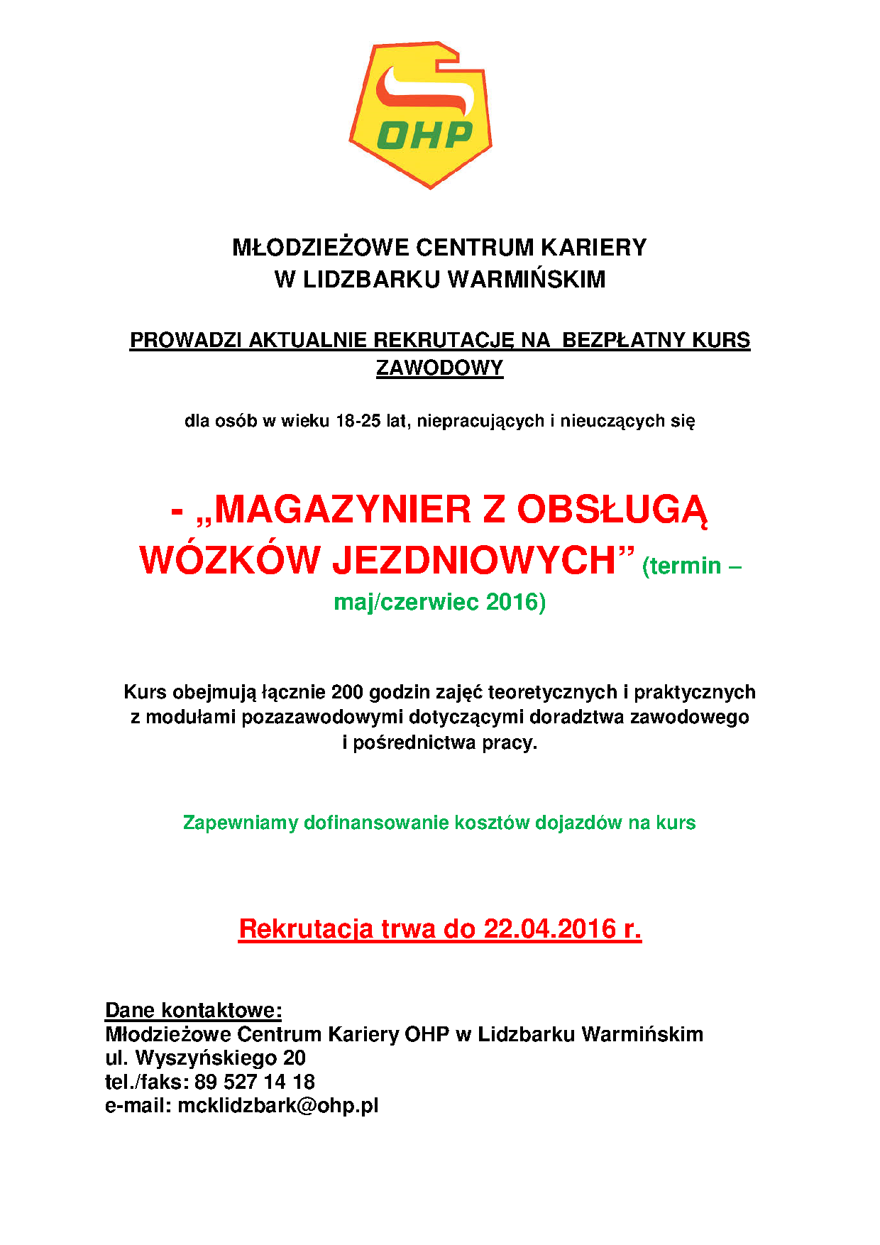 Bezpłatny kurs zawodowy dla osób w wieku 18-25 lat, niepracujących i nieuczących się.