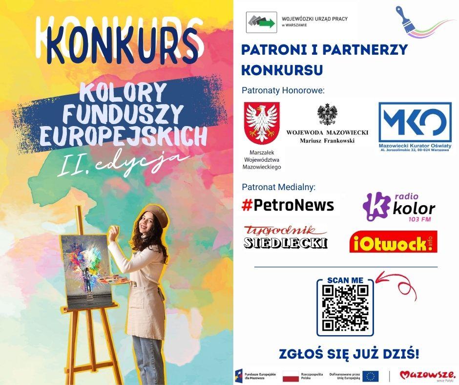 Plakat promujący konkurs plastyczny „Kolory Funduszy Europejskich – II edycja”Lewa strona plakatu jest kolorowa, z pastelowym tłem i obrazem młodej kobiety malującej na sztaludze abstrakcyjny, barwny obraz. U góry widnieje napis: „KONKURS – Kolory Funduszy Europejskich – II edycja”.