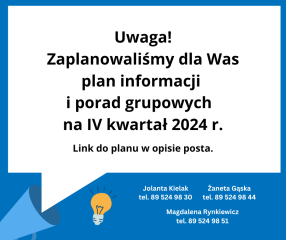 Zdjęcie artykułu Plan informacji i porad grupowych na IV kwartał 2024 r.